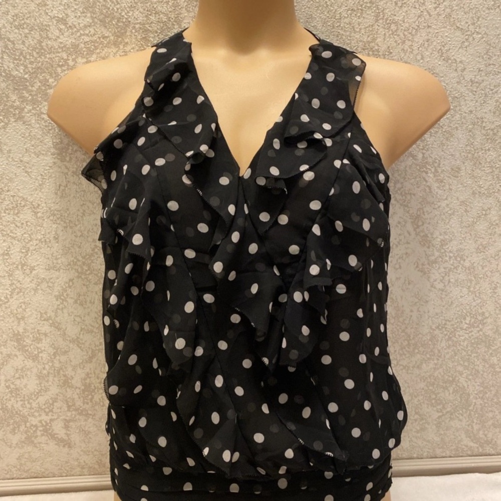White House Black Market Black and Gray Polka Dot Ruffle Blouse